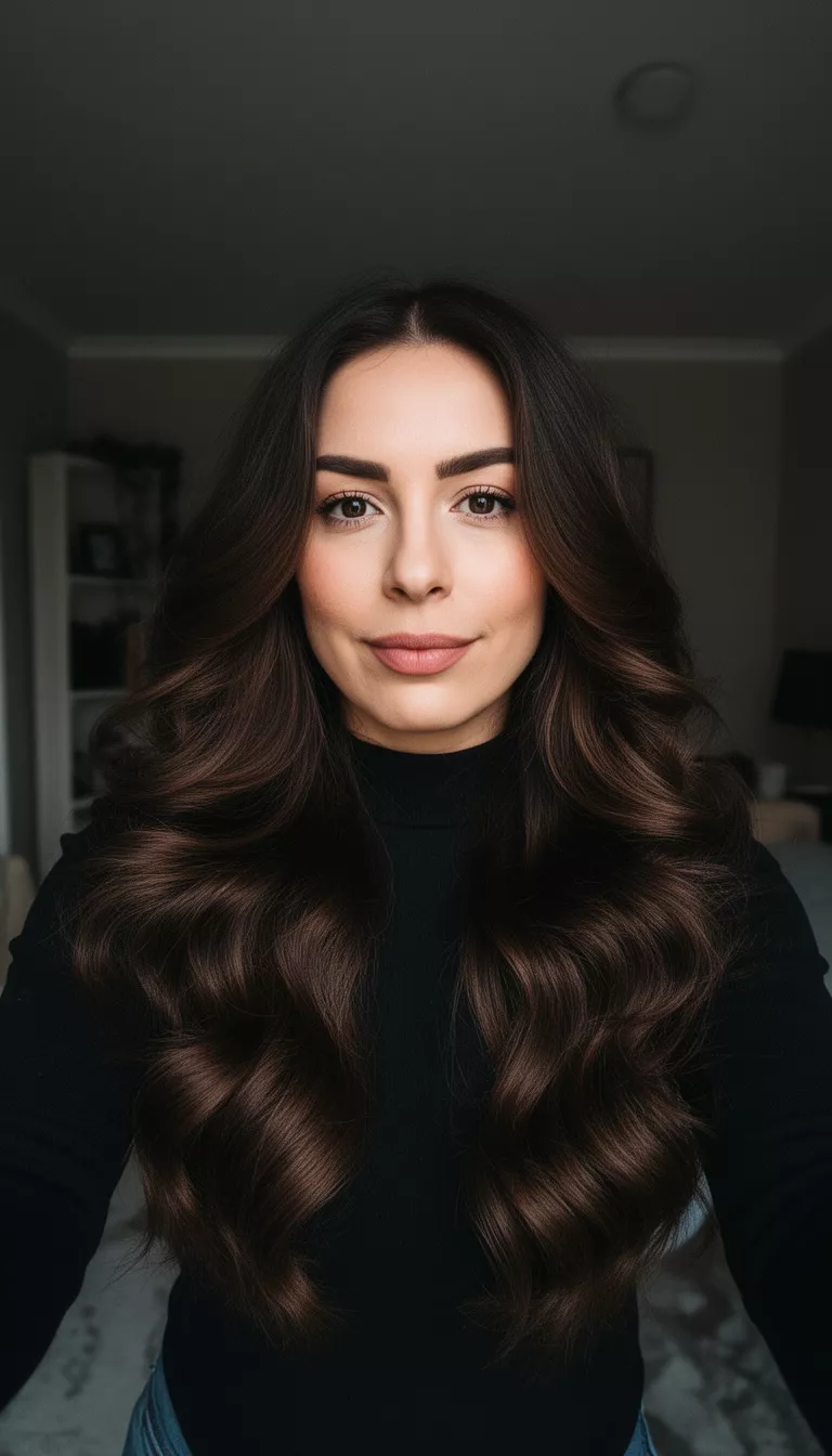 selfie of a 33-year-old woman wearing a black top with a long rich dark brown colored voluminous waves hairstyle, front view, moody indoor lighting.