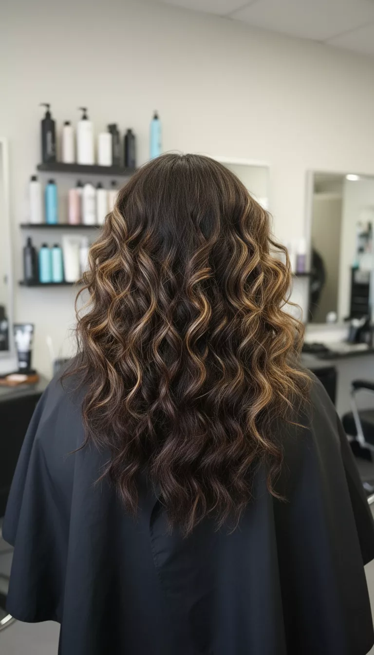 casual photo of a 27-year-old woman wearing a black salon cape with a dark brown colored voluminous curly hair with lighter highlights hairstyle, back view, professional salon setting.