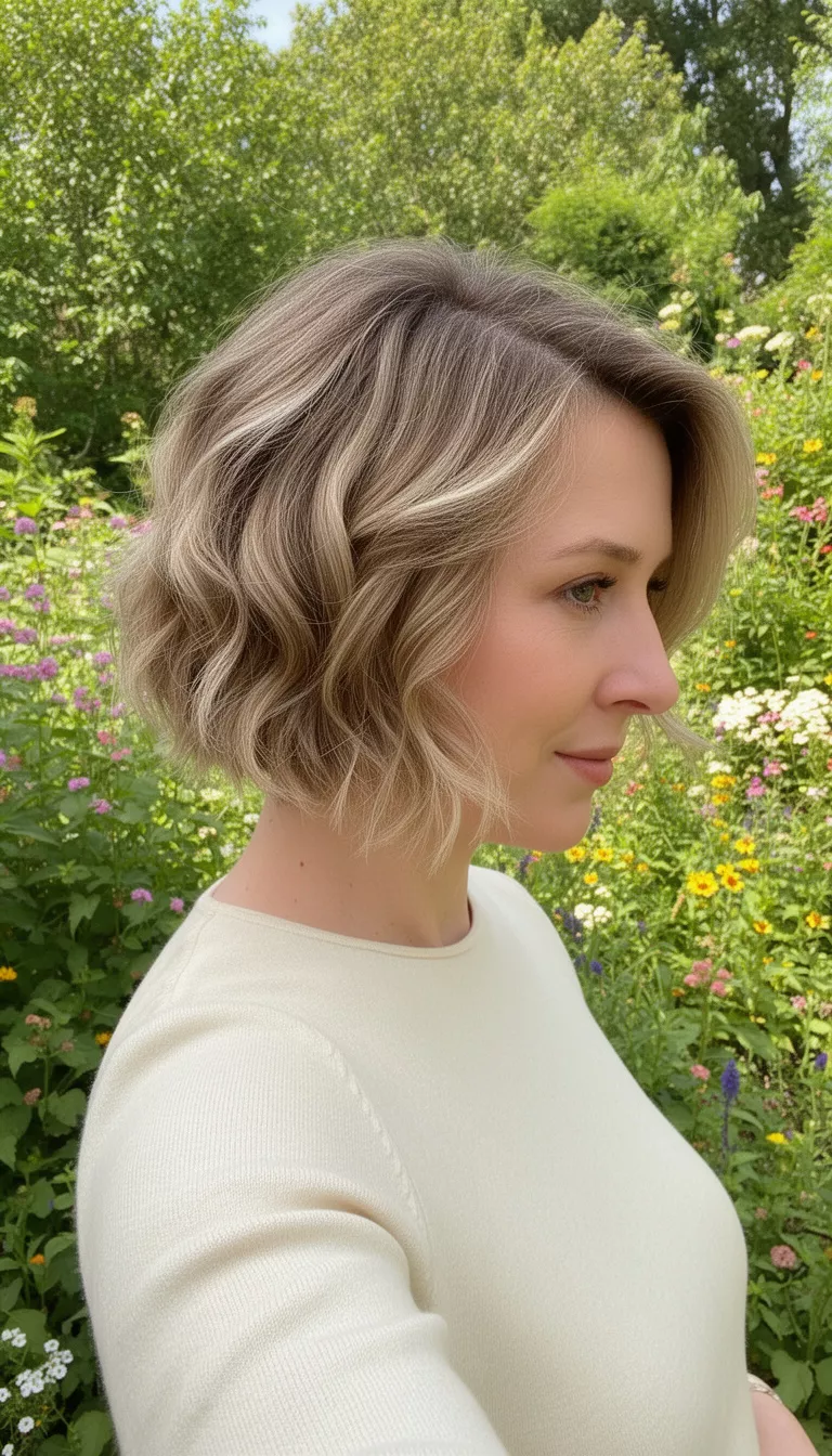 selfie of a 37-year-old woman wearing a cream top with a light brown colored short wavy bob with blonde highlights hairstyle, side view, bright garden.