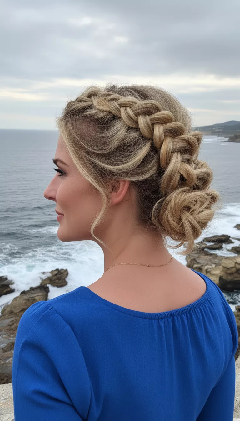 selfie of a 30-year-old woman wearing a blue top with a blonde colored elaborate updo with Dutch braids and waves hairstyle, side view, coastal background.