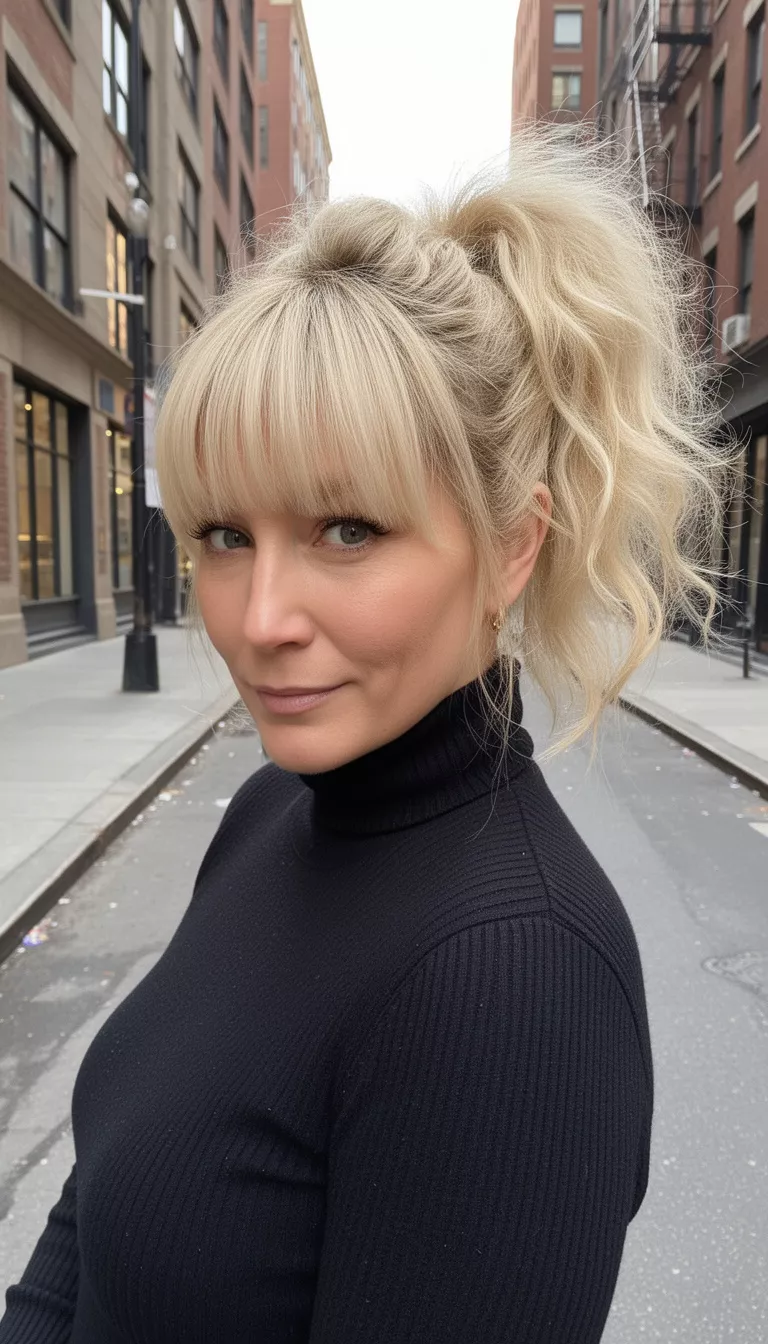 selfie of a 41-year-old woman wearing a black turtleneck with a blonde colored voluminous messy high ponytail with bangs hairstyle, side view, urban street background.