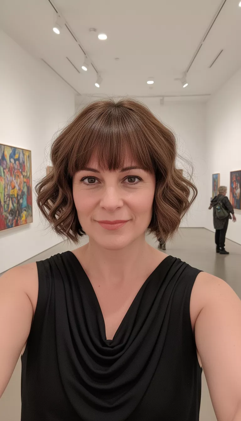 selfie of a 44-year-old woman wearing a black draped neckline top with a medium-brown colored short wavy bob with bangs hairstyle, front view, indoor art gallery.
