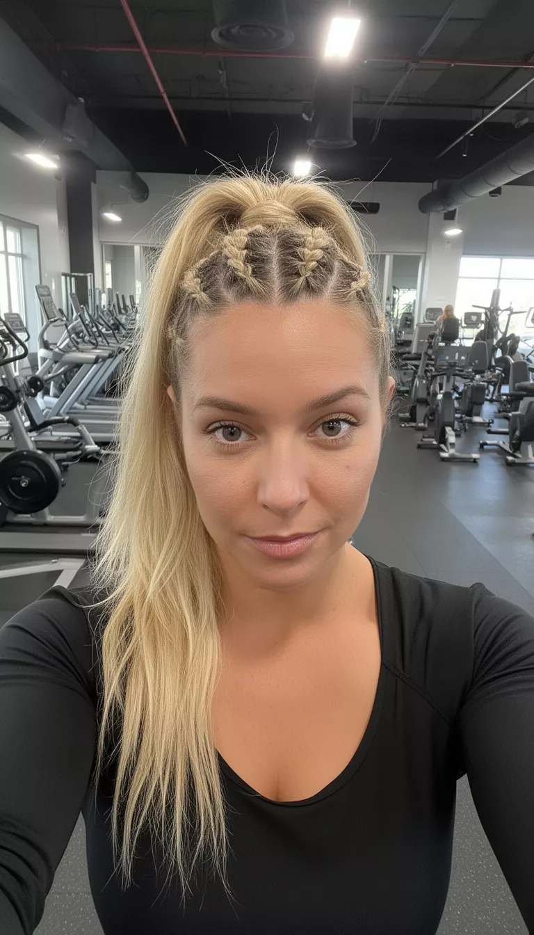 selfie of a 30-year-old woman wearing a black top with a blonde colored high ponytail with cornrow braids hairstyle, front view, empty gym background.
