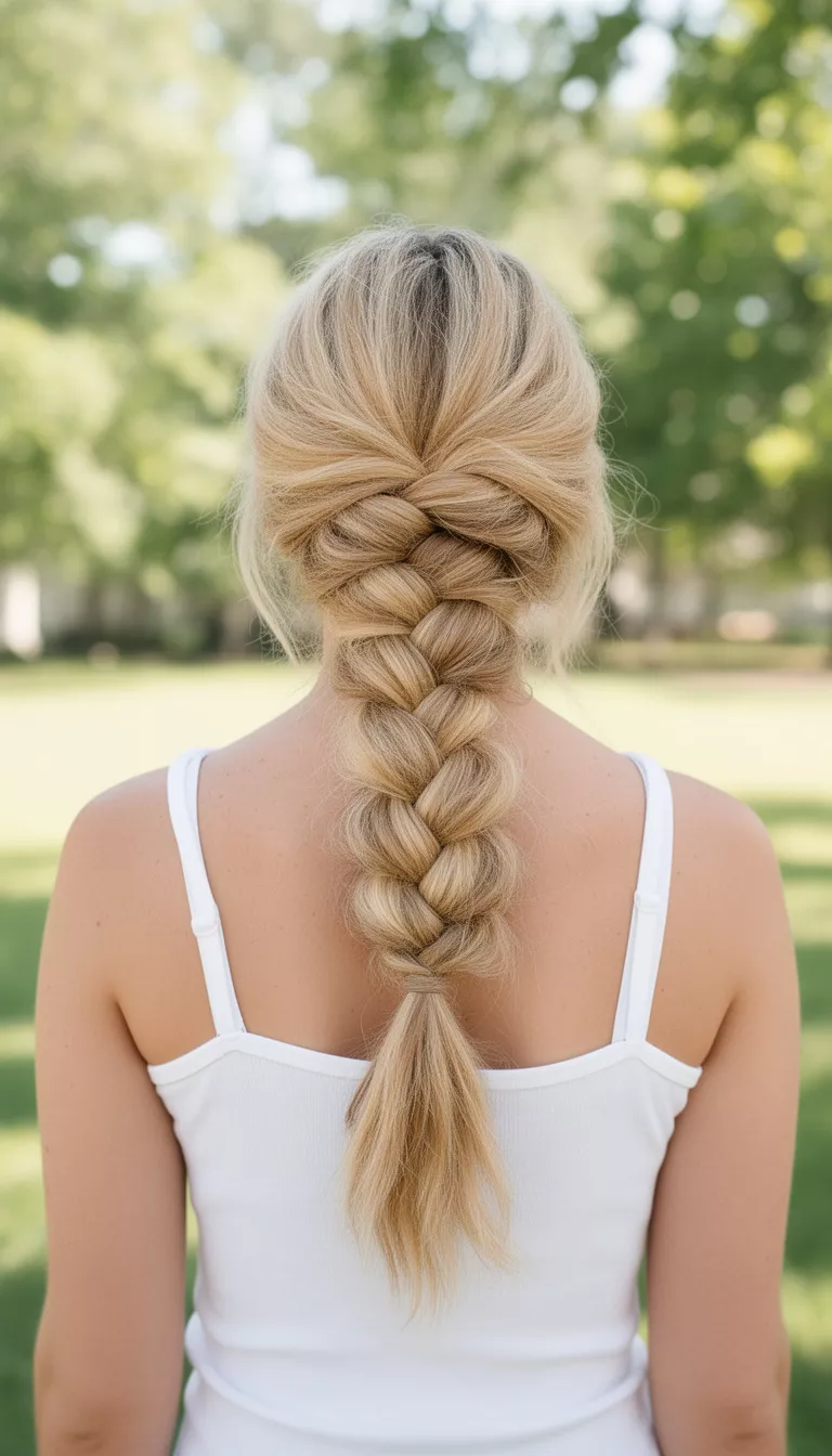 casual photo of a 33-year-old woman wearing a white top with a blonde colored voluminous pulled-back braid hairstyle, back profile view, bright outdoor light.