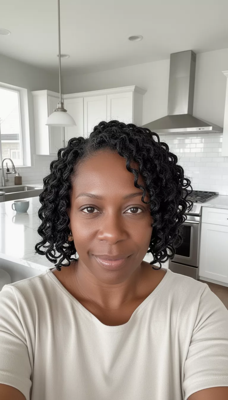 selfie of a 40-year-old black woman wearing a light-colored top with a dark colored curly box braids styled to a short wavy bob length hairstyle, front view, bright modern kitchen.