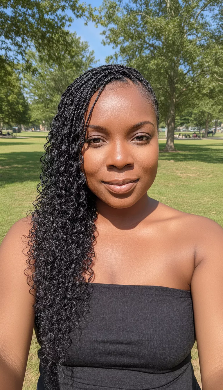 selfie of a 35-year-old black woman wearing a black strapless top with a dark colored long curly micro-braids pulled mostly to one side hairstyle, front view, sunny park background.