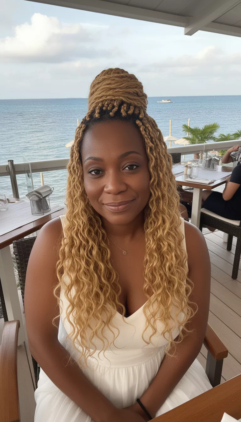 selfie of a 49-year-old black woman wearing a white dress with a light golden-brown colored long wavy braids partially pulled up hairstyle, seated at a table, seaside restaurant.