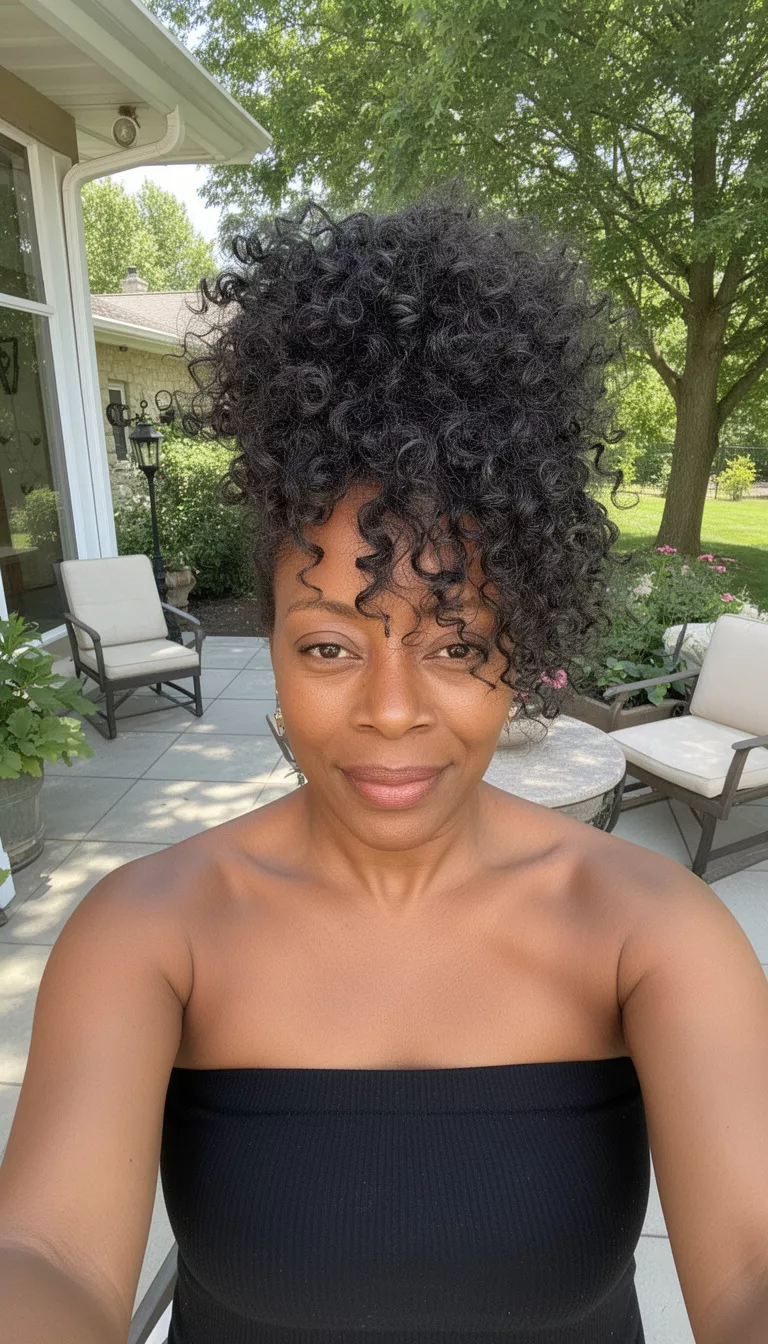 selfie of a 47-year-old black woman wearing a black tube top with a dark colored voluminous mixed-texture curly hair high style hairstyle, front view, sunlit patio.