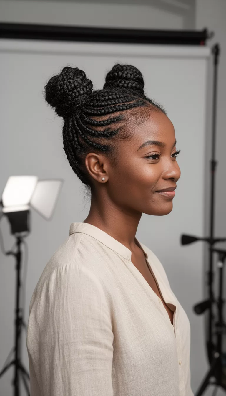 selfie of a 30-year-old black woman wearing a casual blouse with a dark colored cornrows feeding into two braided buns hairstyle, side view, indoor studio lighting.
