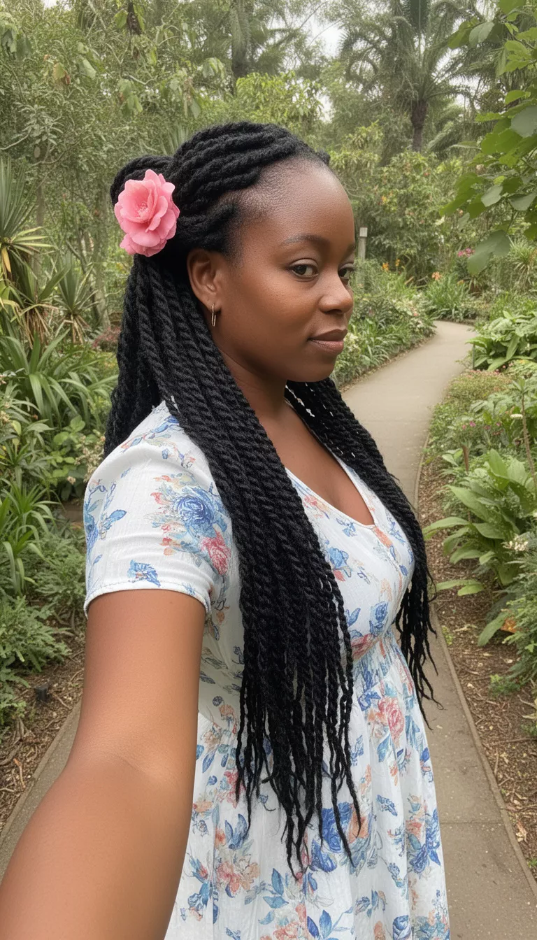 selfie of a 41-year-old black woman wearing a casual summer dress with a black colored long Senegalese twist braids partially gathered with a pink flower hairstyle, side view, botanical garden pathway.