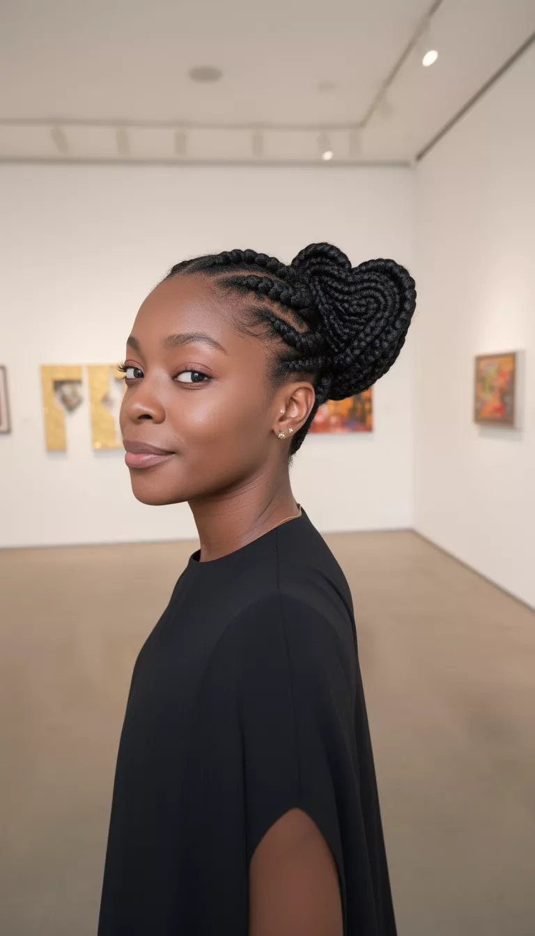 selfie of a 34-year-old black woman wearing a simple dress with a black colored detailed cornrows resulting in a low bun with a heart design hairstyle, side view, art gallery interior.