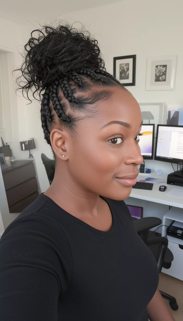 selfie of a 31-year-old black woman wearing a black top with a black colored cornrows leading to a high, messy bun hairstyle, side view, brightly lit home office.
