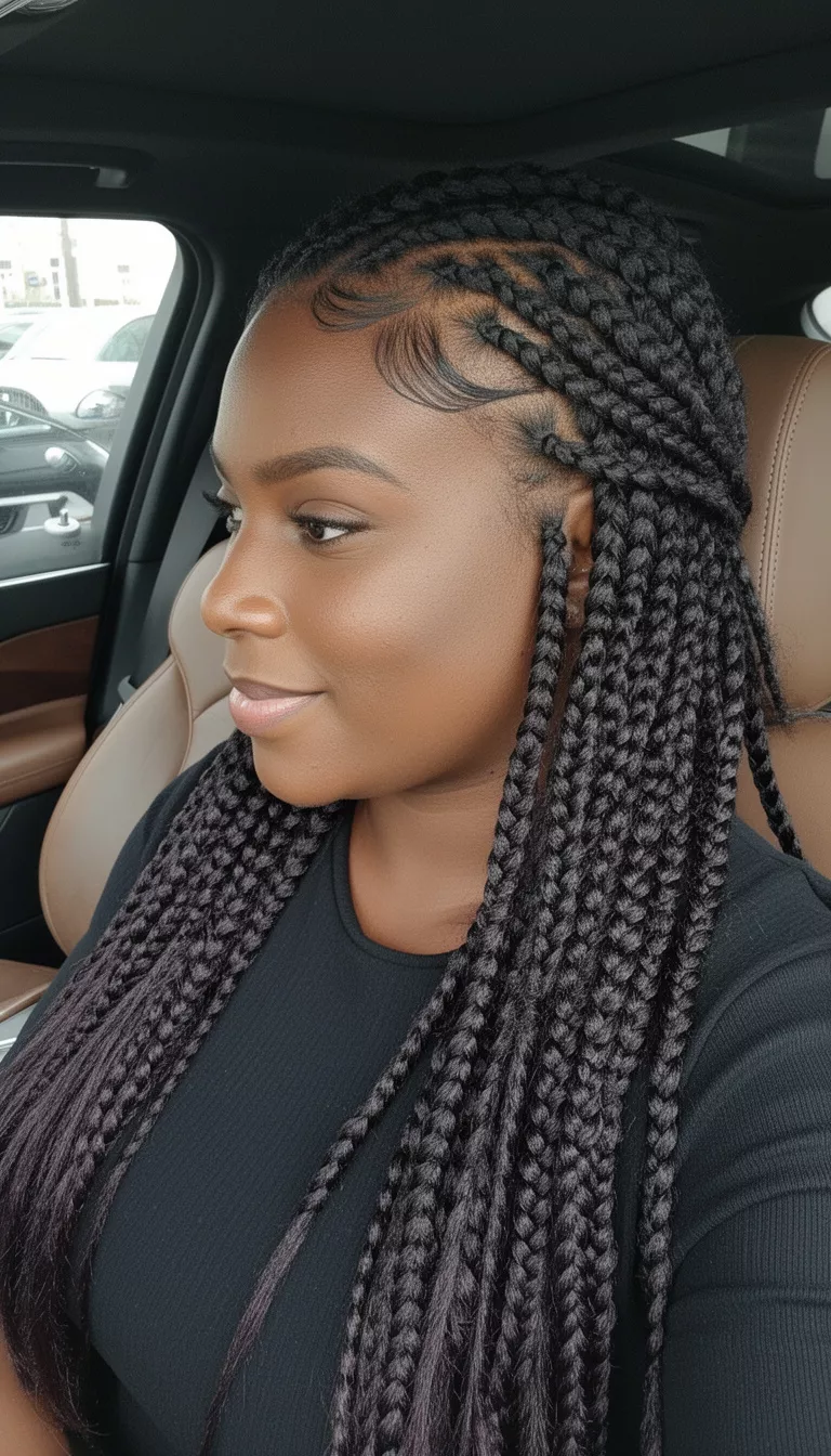 selfie of a 33-year-old black woman wearing a black top with a dark colored long box braids incorporating cornrows at the front hairstyle, side view, inside a luxury car.