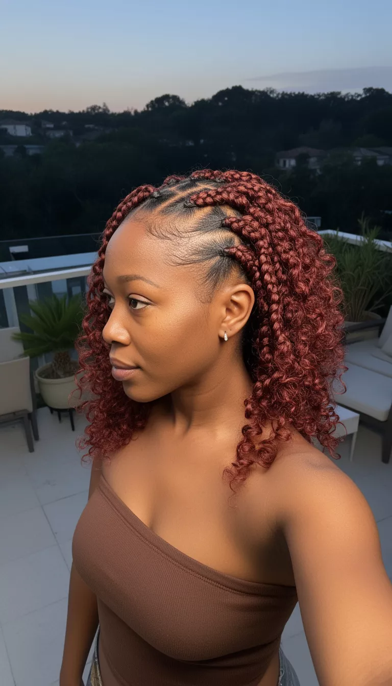 selfie of a 39-year-old black woman wearing a brown strapless top with a reddish-brown colored box braids mixed with curly ends and front cornrows hairstyle, side view, outdoor terrace at dusk.