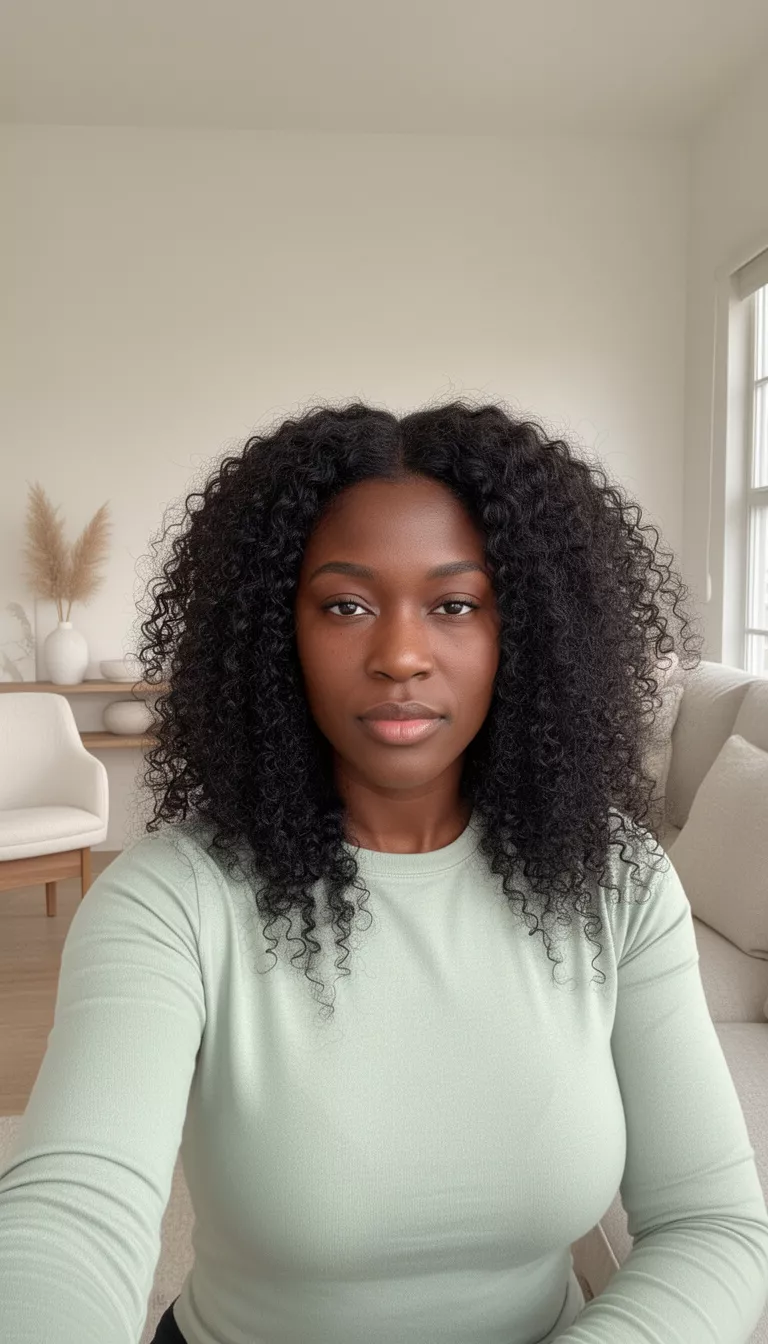 selfie of a 29-year-old black woman wearing a light sage green long-sleeve top with a dark colored voluminous curly hair and loose tendrils hairstyle, front view, cozy minimalist living room.