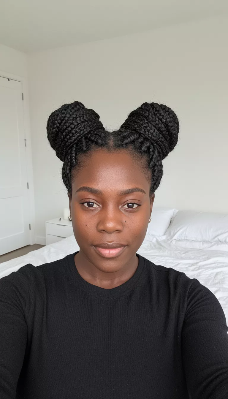 selfie of a 30-year-old black woman wearing a black top with a black colored braids styled into two large high buns hairstyle, front view, minimalist bedroom.