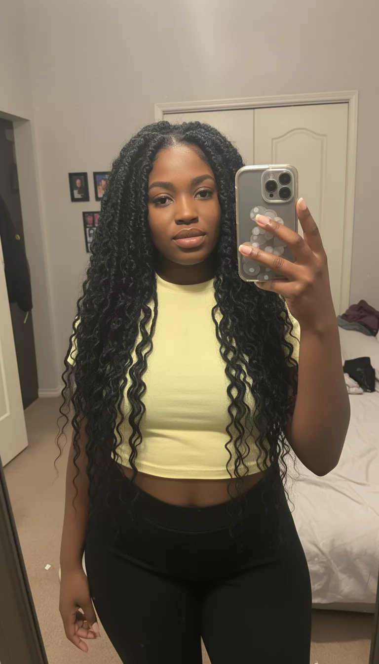 selfie of a 27-year-old black woman wearing a light yellow cropped top with a dark colored extremely long wavy passion twists hairstyle, front view, mirror reflection in a bedroom.