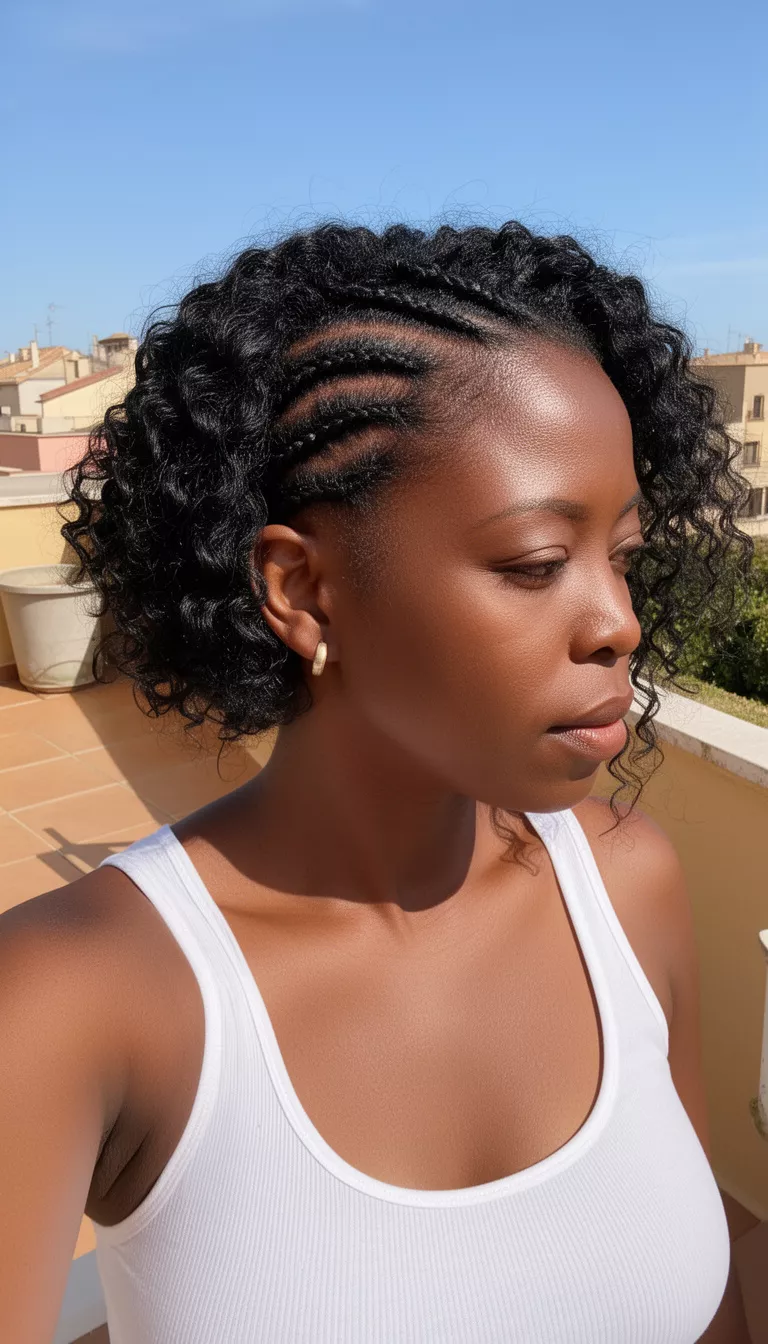 selfie of a 37-year-old black woman wearing a white tank top with a black colored curly hair styled with cornrows on one side hairstyle, side view, sunny outdoor terrace.