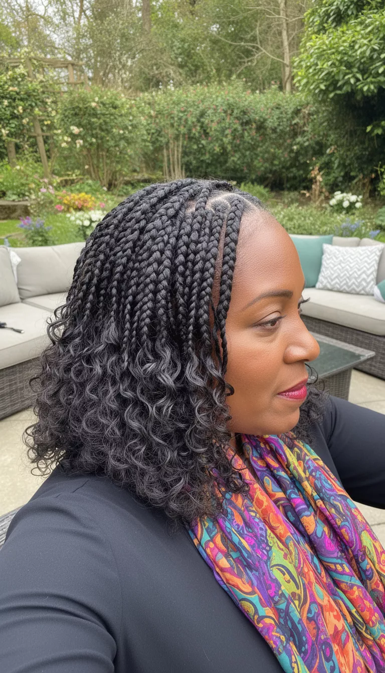 selfie of a 45-year-old black woman wearing a colorful scarf with a dark colored shoulder-length box braids featuring curly ends hairstyle, side profile view, outdoor garden lounge.