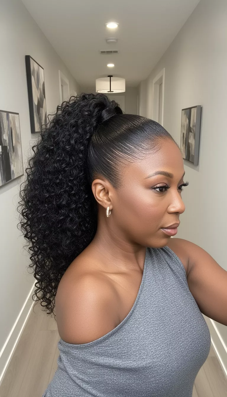 selfie of a 44-year-old black woman wearing a grey one-shoulder top with a black colored slicked-back voluminous curly high ponytail hairstyle, side view, stylish modern hallway.