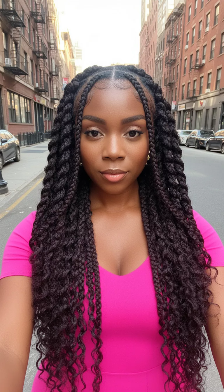 selfie of a 28-year-old black woman wearing a bright pink top with a dark colored long wavy crocheted braids mixed with two front feed-in braids hairstyle, front view, urban street background.