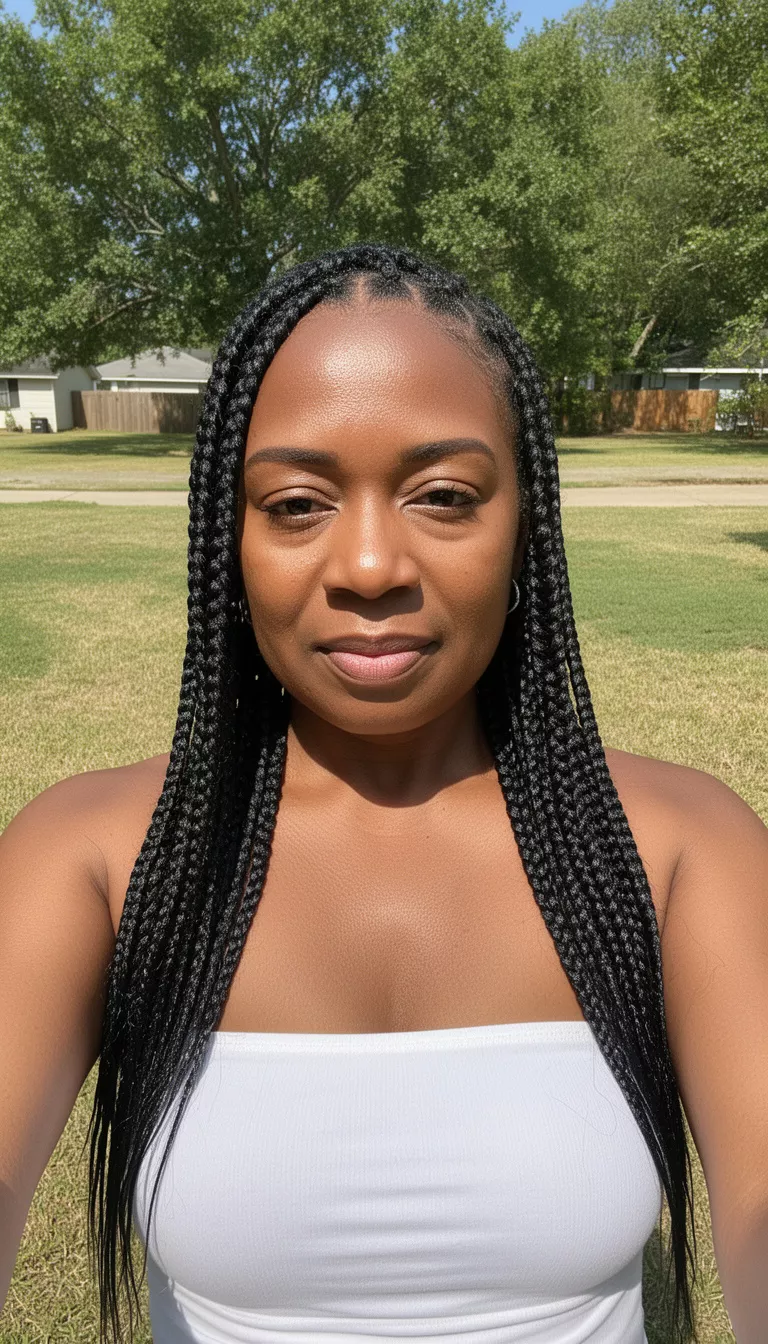 selfie of a 42-year-old black woman wearing a white strapless top with a black colored straight feed-in braids hairstyle, front view, bright outdoor daylight.