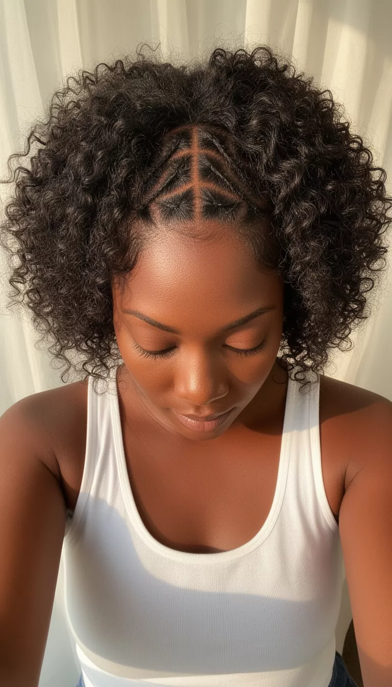 selfie of a 36-year-old black woman wearing a white tank top with a dark colored curly hair featuring a geometric center-parted cornrow design hairstyle, front view looking down, sun drapes background.