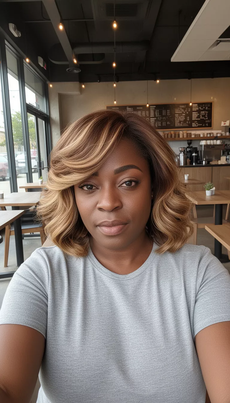 selfie of a 38-year-old black woman wearing a grey t-shirt with a brown and blonde colored layered wavy bob hairstyle, front view, modern cafe interior.