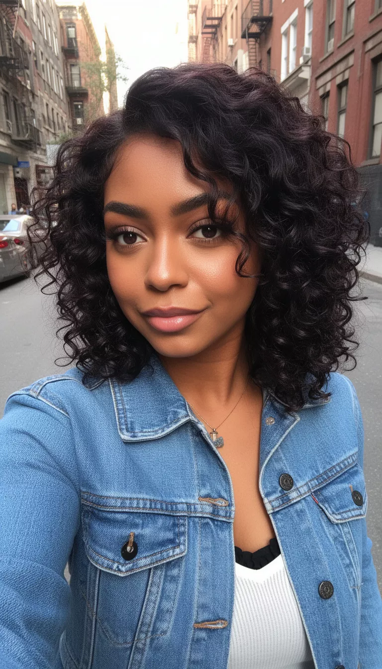 selfie of a 27-year-old woman wearing a denim jacket with a dark glossy colored medium-length curly hairstyle, angled front view, urban street background.