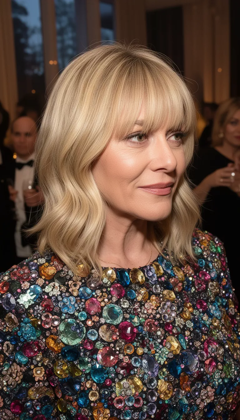 casual photo of a 37-year-old woman wearing a colorful embellished top with a blonde colored medium-length hairstyle with soft waves and fringe bangs, close-up side view, upscale event background.