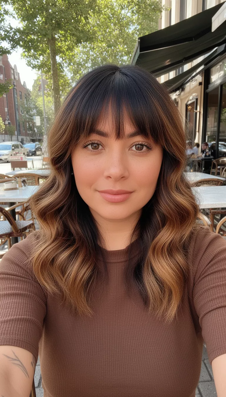 selfie of a 30-year-old woman wearing a brown top with a dark with caramel highlighted colored medium-length wavy hairstyle and face-framing bangs, front view, outdoor cafe.