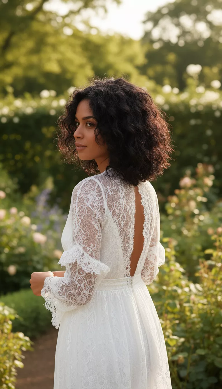casual photo of a 33-year-old woman wearing a white lace long-sleeved dress with a dark colored voluminous medium-length curly hairstyle, side view, sun-drenched garden.
