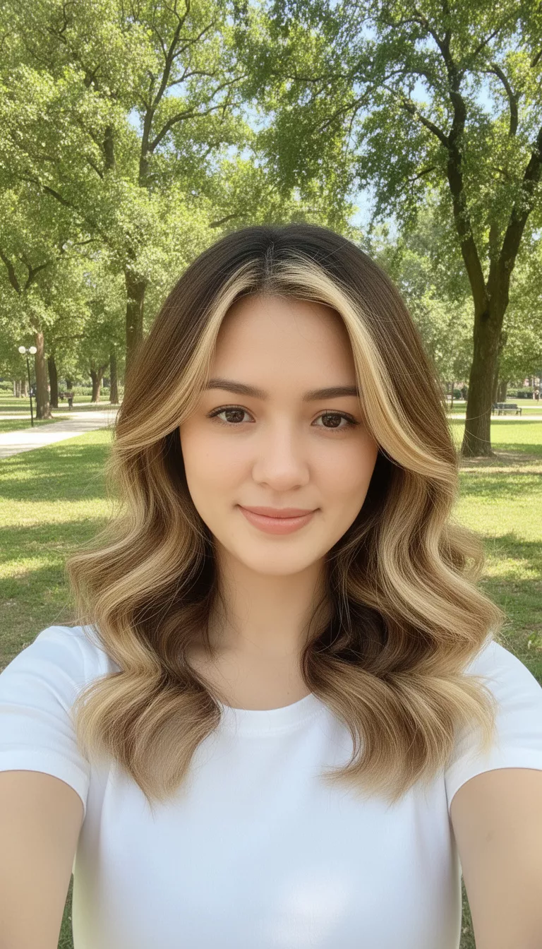 selfie of a 29-year-old woman wearing a white top with a medium-brown with blonde highlights colored soft wavy hairstyle, front view, sunny park background.
