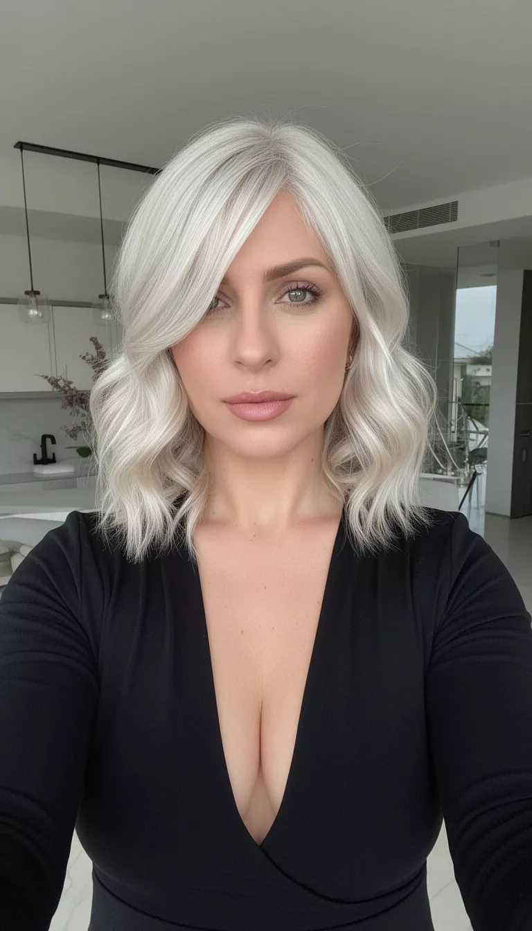 selfie of a 34-year-old woman wearing a plunging black top with a platinum blonde colored medium-length wavy hairstyle with side-swept bangs, front view, modern indoor setting.