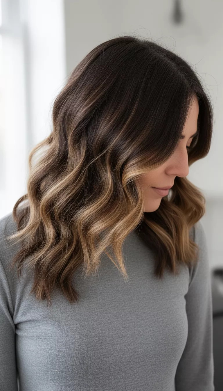 casual photo of a 32-year-old woman wearing a gray top with a dark brown with light brown highlights colored soft wavy hairstyle, profile view looking down, soft natural lighting.