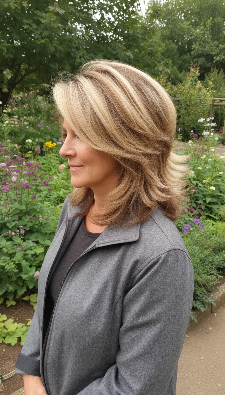 casual photo of a 48-year-old woman wearing a gray jacket with a blonde with brown lowlights colored voluminous layered hairstyle, side view, botanical garden background.