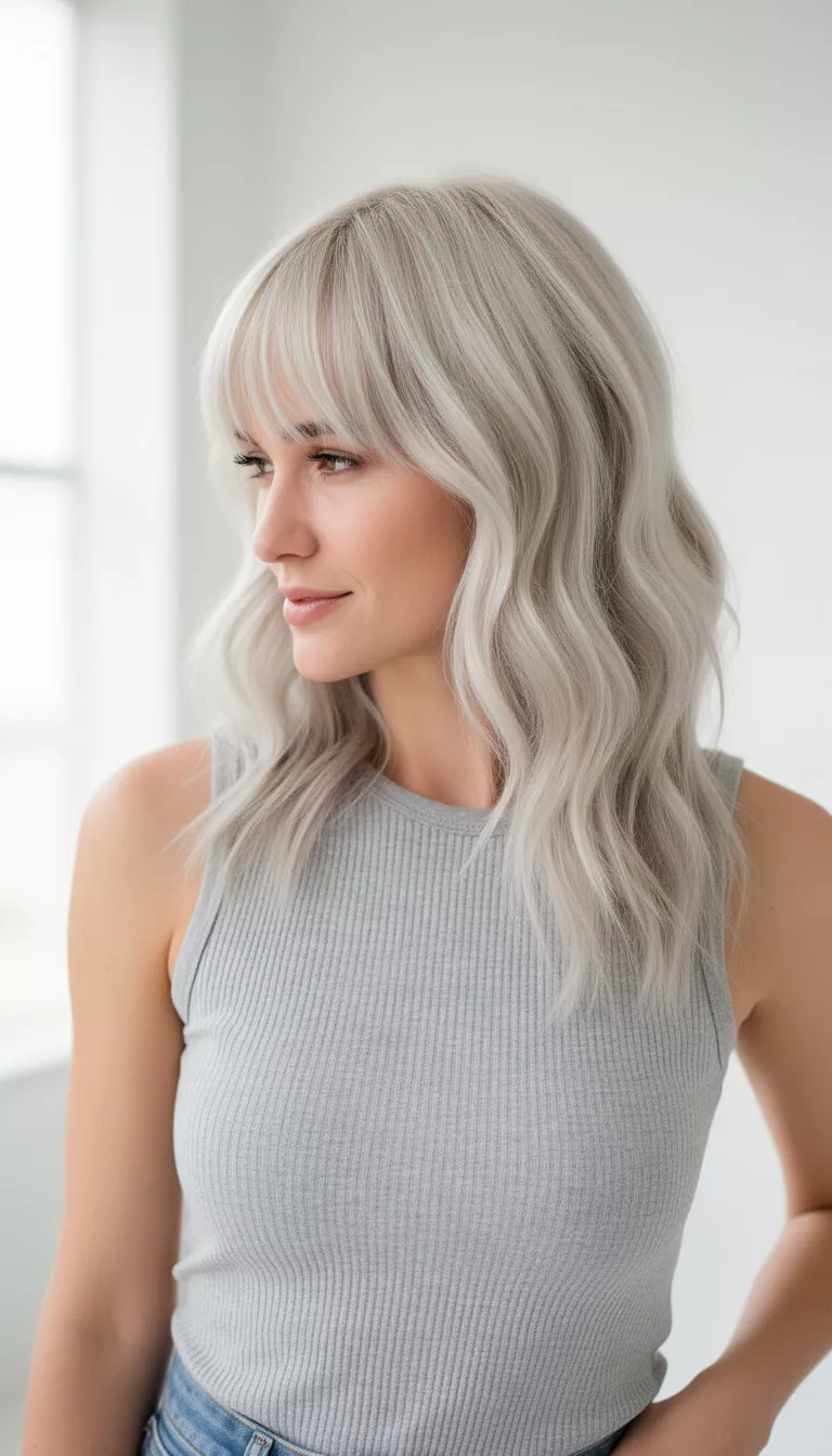 casual photo of a 30-year-old woman wearing a light grey ribbed tank top with a platinum blonde colored wavy hairstyle with curtain bangs, side view, bright airy studio.