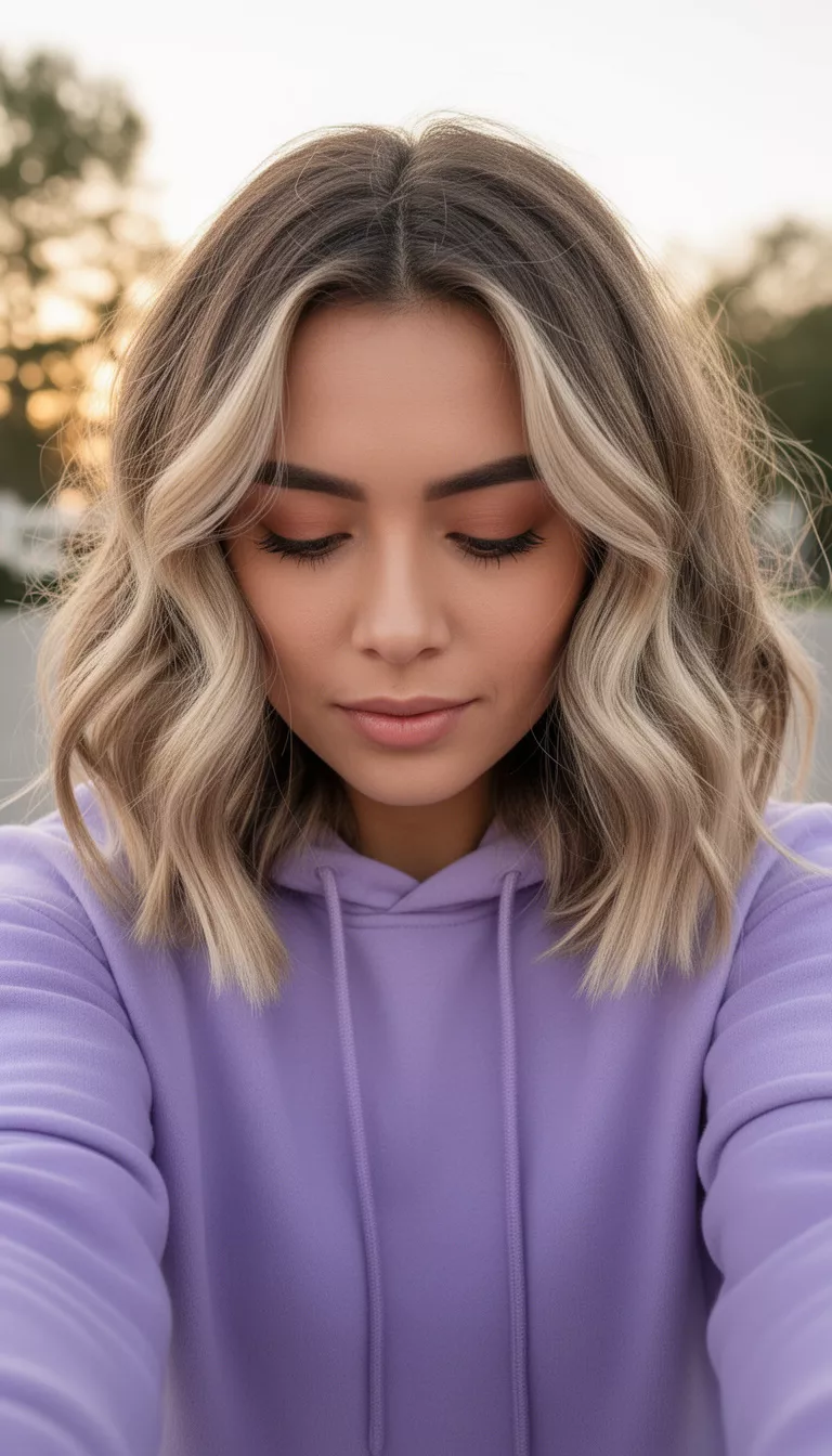 selfie of a 28-year-old woman wearing a lavender hooded top with a blonde highlighted colored wavy medium-length hairstyle, semi-front view looking down, soft afternoon light.