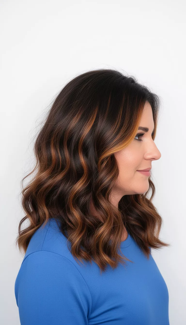 casual photo of a 36-year-old woman wearing a blue top with a dark brown with caramel highlights colored loose wavy hairstyle, side profile, clean white background.