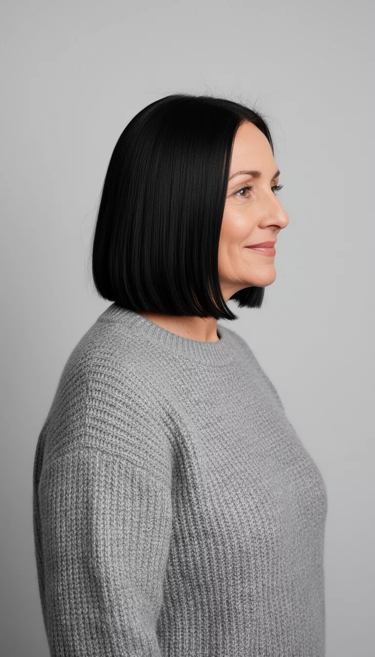 casual photo of a 40-year-old woman wearing a grey sweater with a black colored sleek straight angled lob hairstyle, side view, light grey background.