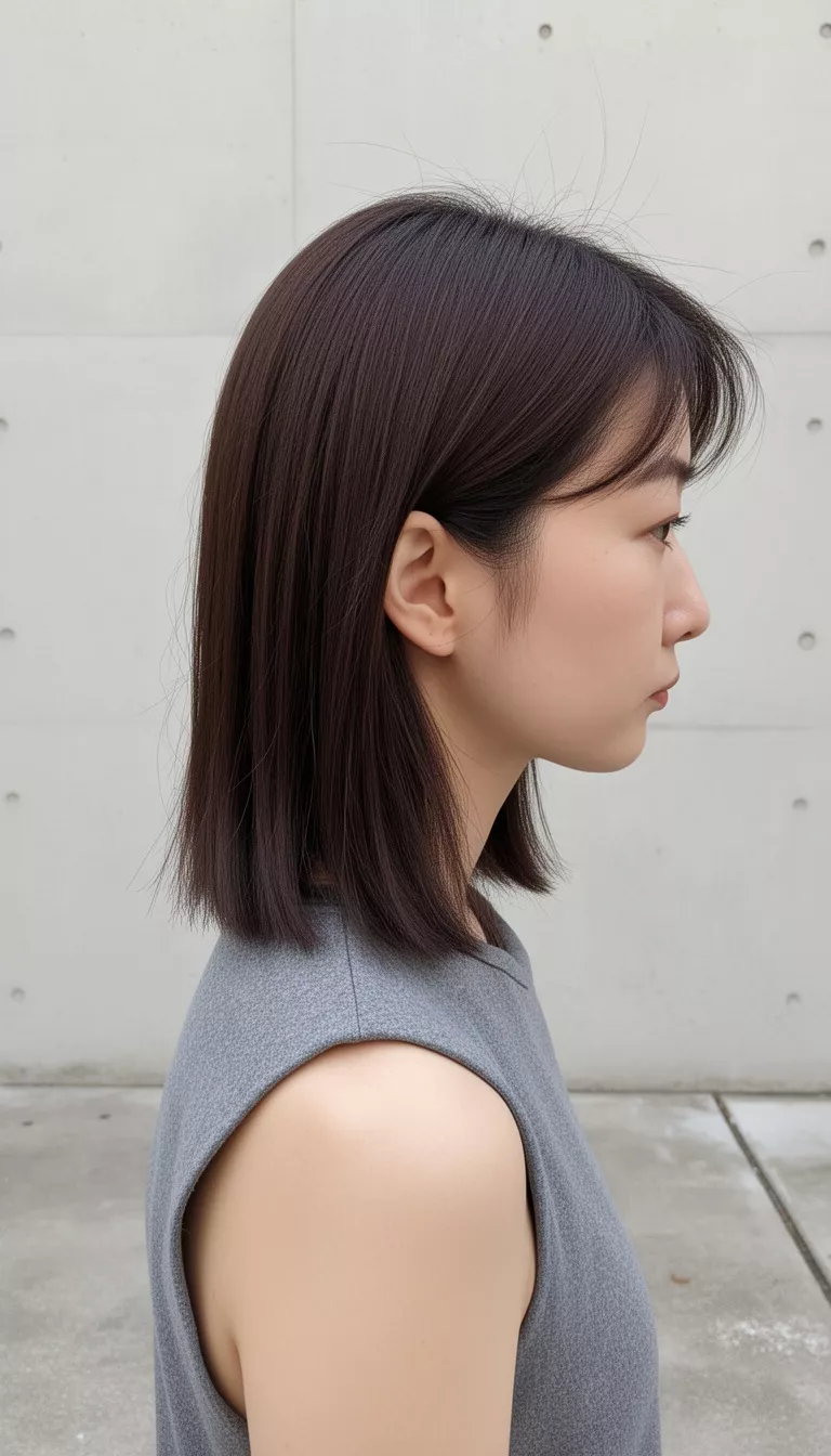 casual photo of a 39-year-old woman wearing a grey sleeveless top with a dark brown colored straight hairstyle with a subtle side part, profile view, minimalist outdoor setting.