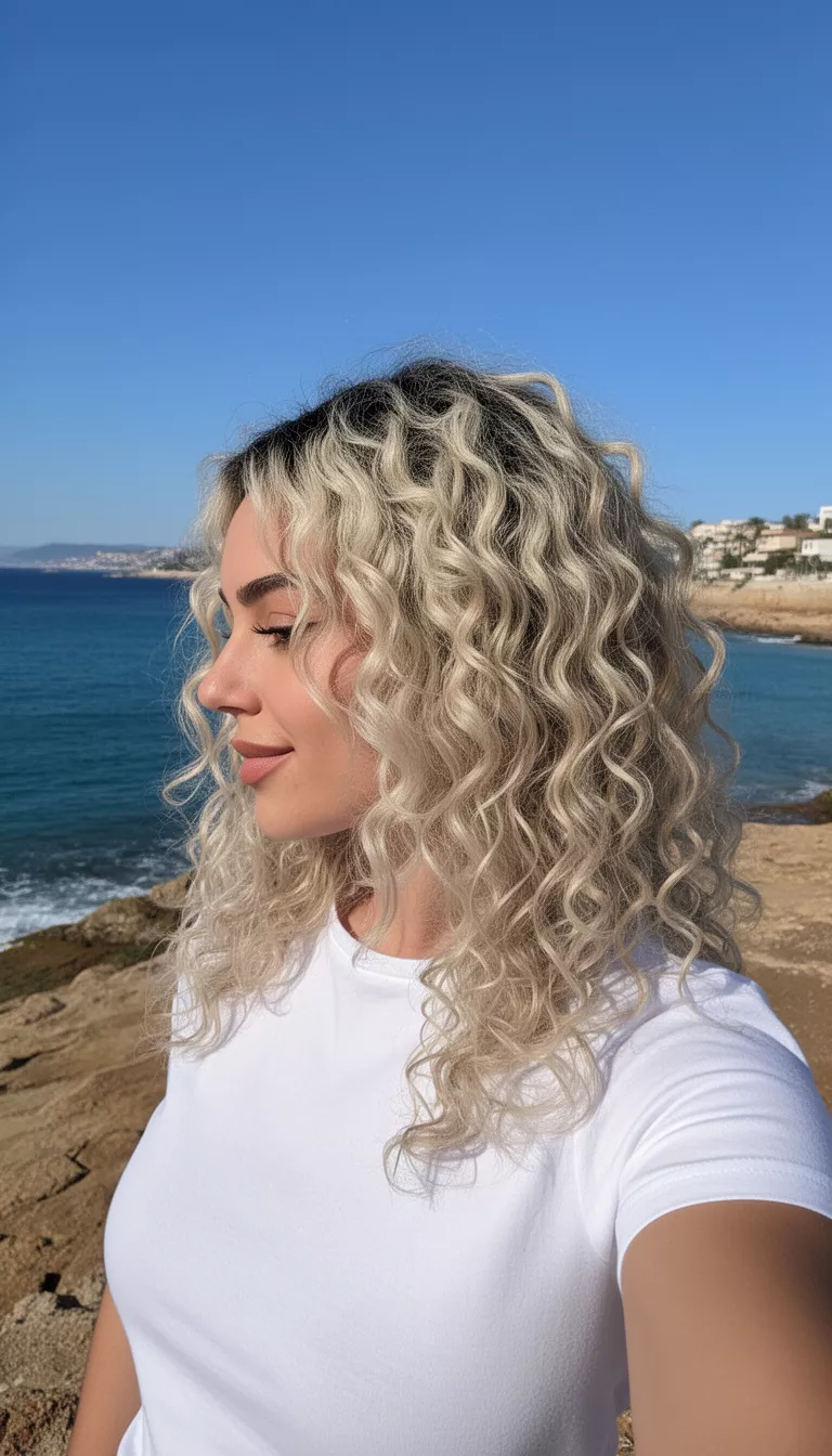 selfie of a 27-year-old woman wearing a white t-shirt with a bleached blonde with dark roots colored voluminous highly curled hairstyle, side profile shot, sunny coastal background.