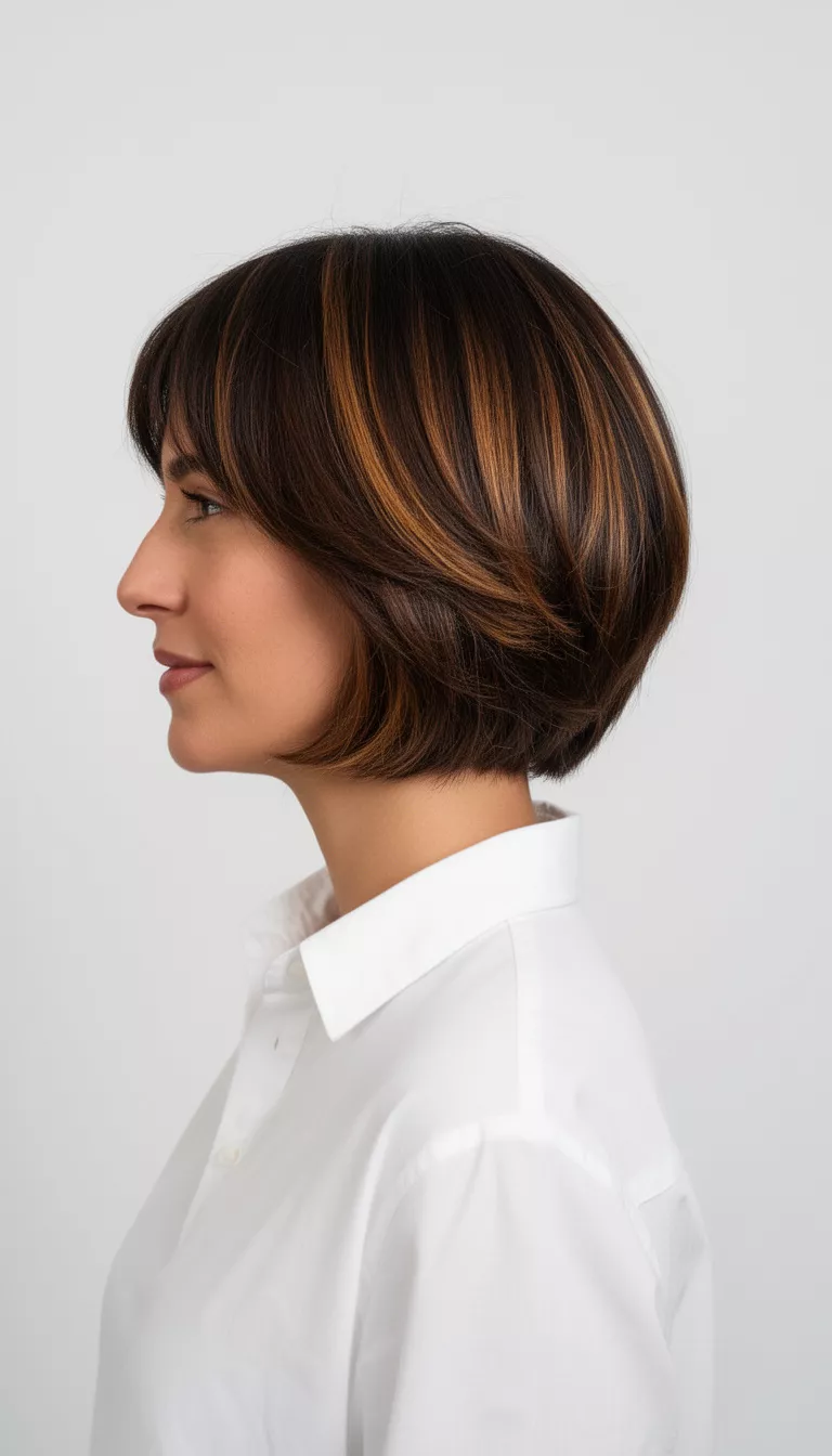 casual photo of a 38-year-old woman wearing a white shirt with a dark brown with lighter brown highlights colored stacked bob hairstyle, side view, minimalist studio background.