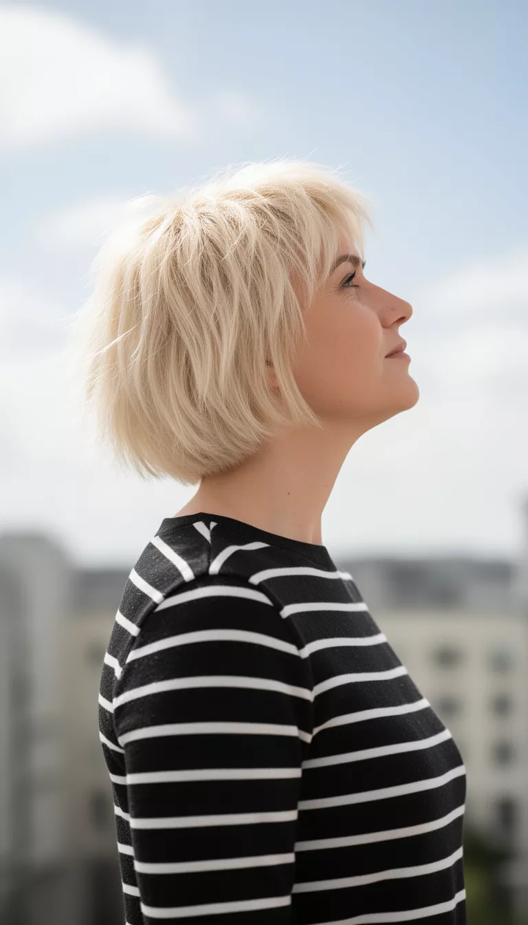casual photo of a 35-year-old woman wearing a black and white striped top with a bright blonde colored choppy textured bob hairstyle, side view looking upward, bright sky background.