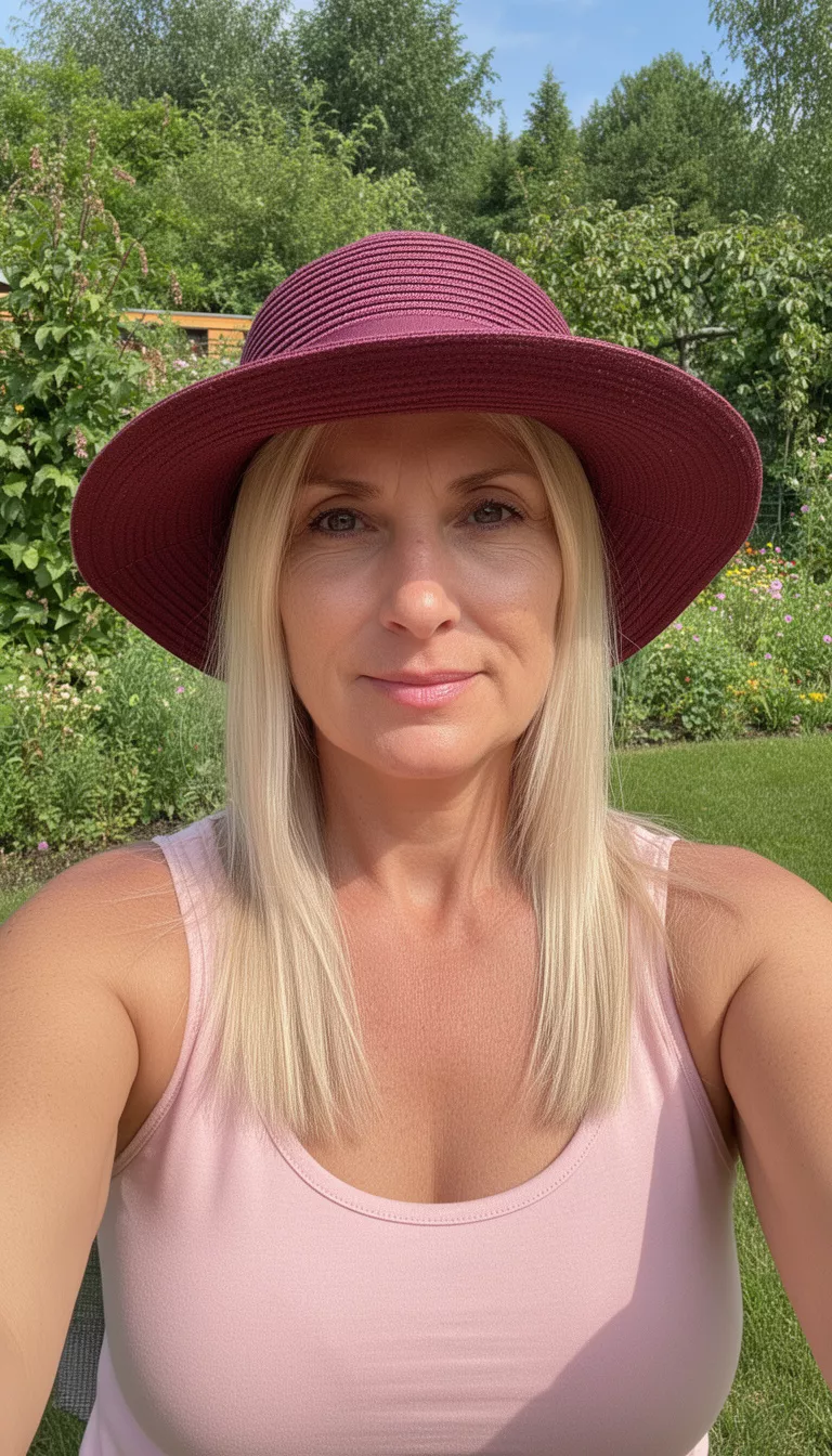 selfie of a 44-year-old woman wearing a light pink tank top and a maroon sun hat with a light blonde colored straight hairstyle, front view, sunny garden background.