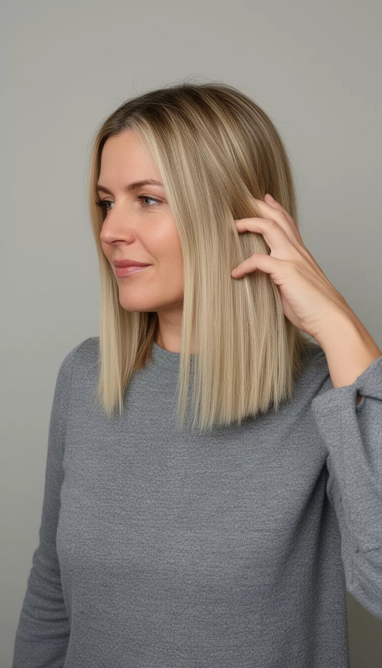 casual photo of a 41-year-old woman wearing a grey top with a straight blonde colored medium-length hairstyle, side view with a hand touching the hair, neutral background.