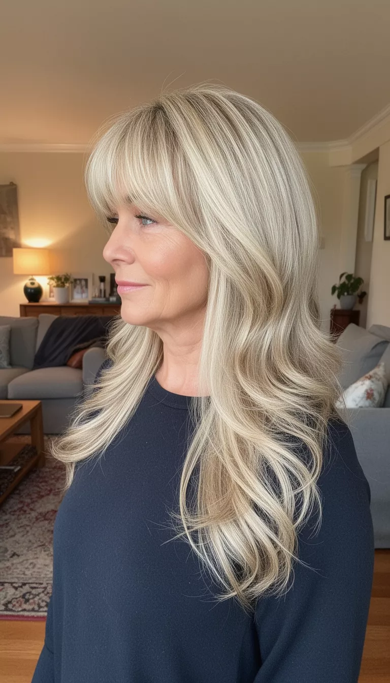 casual photo of a 45-year-old woman wearing a dark top with a blonde colored long layered wavy hairstyle with soft bangs, side view, cozy indoor living room.