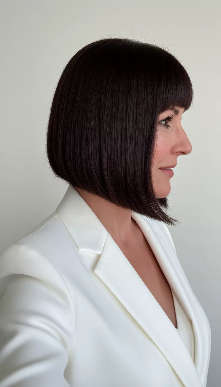 selfie of a 46-year-old woman wearing a white blazer with smooth, very dark brown, severely angled, long bob haircut, side view, minimal background