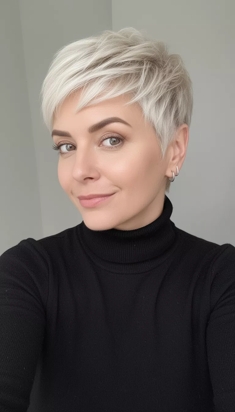 selfie of a 37-year-old woman wearing a black turtleneck with a platinum blonde, textured, short pixie cut, front-side view, minimal background