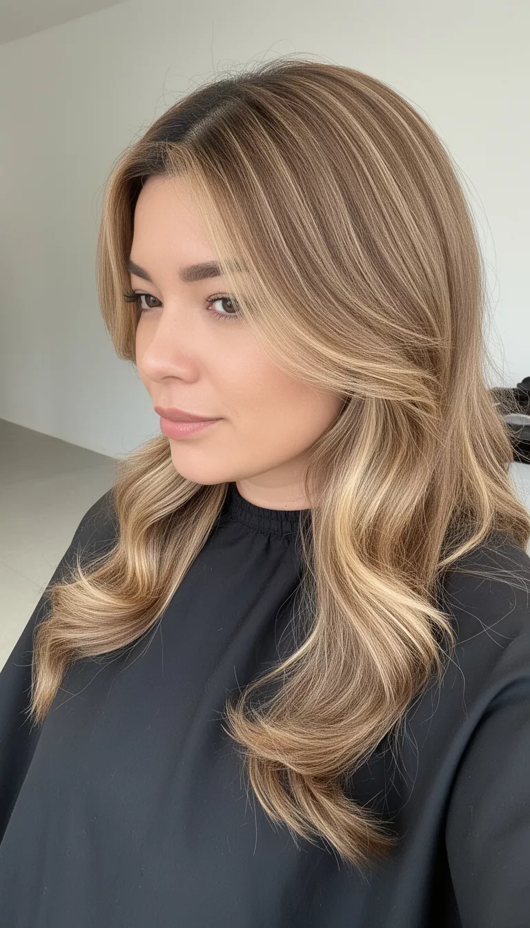 selfie of a 29-year-old woman wearing a black salon cape with long, layered, light brown hair with blonde highlights, styled in soft waves, side view, minimal background